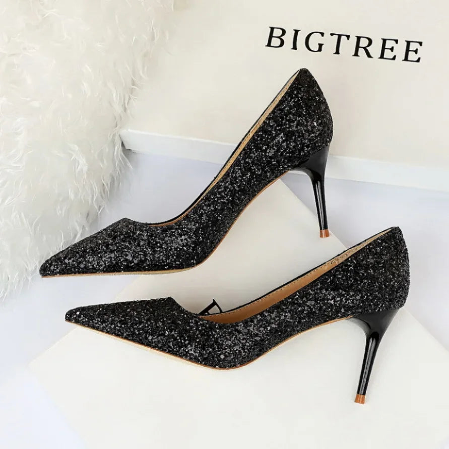 9219-A1 European And American Style Sexy Nightclub Slim High Heels Women's Shoes Stiletto Heel High Heel Fashion Shine Sequin Shoes