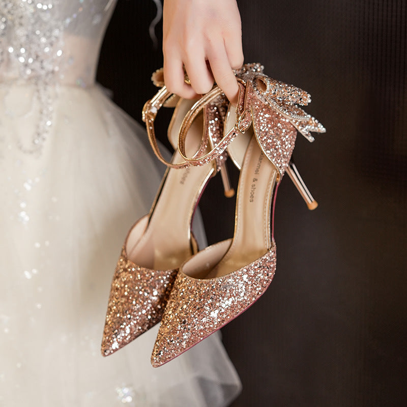 6692-8 European And American Adult Banquet Sequined Bow Elegant Socialite Fairy Buckle Closed Toe Women's High Heels
