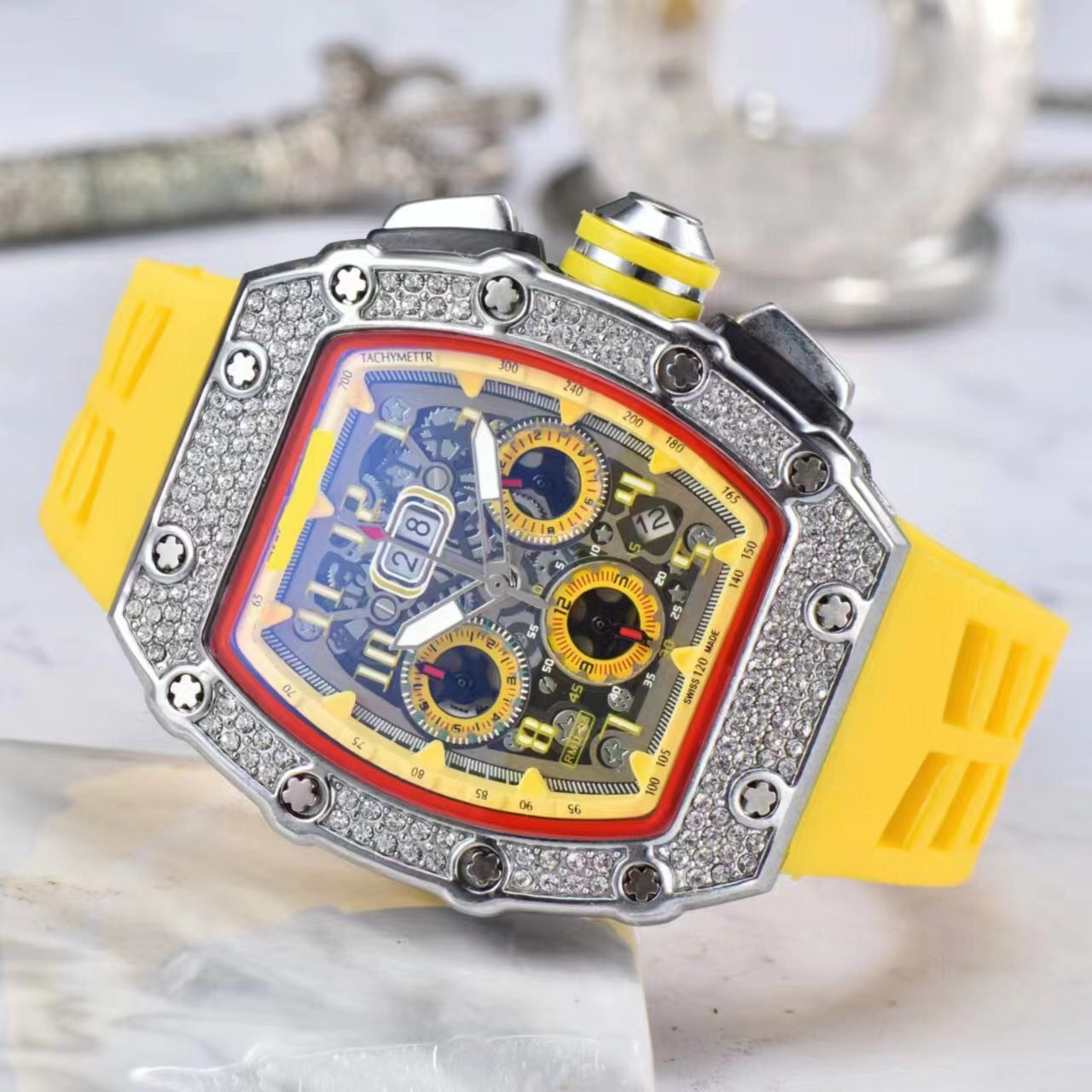 2020 New European And American Hollow Ghost Head Watch Diamond-encrusted Business Men's Watch Fashion Barrel-shaped Six-pin Quartz Watch