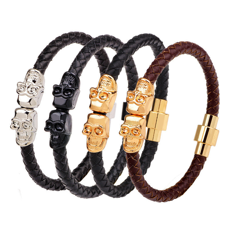 European And American Cross-border Jewelry Supply Woven Leather Bracelet Men's Skull Alloy Bracelet Fashion Jewelry Manufacturer