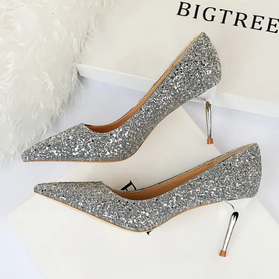 9219-A1 European And American Style Sexy Nightclub Slim High Heels Women's Shoes Stiletto Heel High Heel Fashion Shine Sequin Shoes