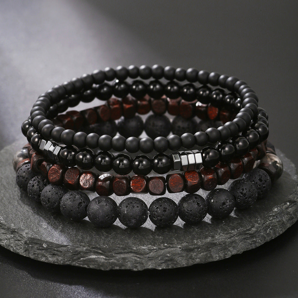 Volcanic Stone Black Frosted Black Gallstone Wooden Beads Bracelet Set Combination Hip-hop European And American Internet Red Style Elastic Bracelet Bracelet String