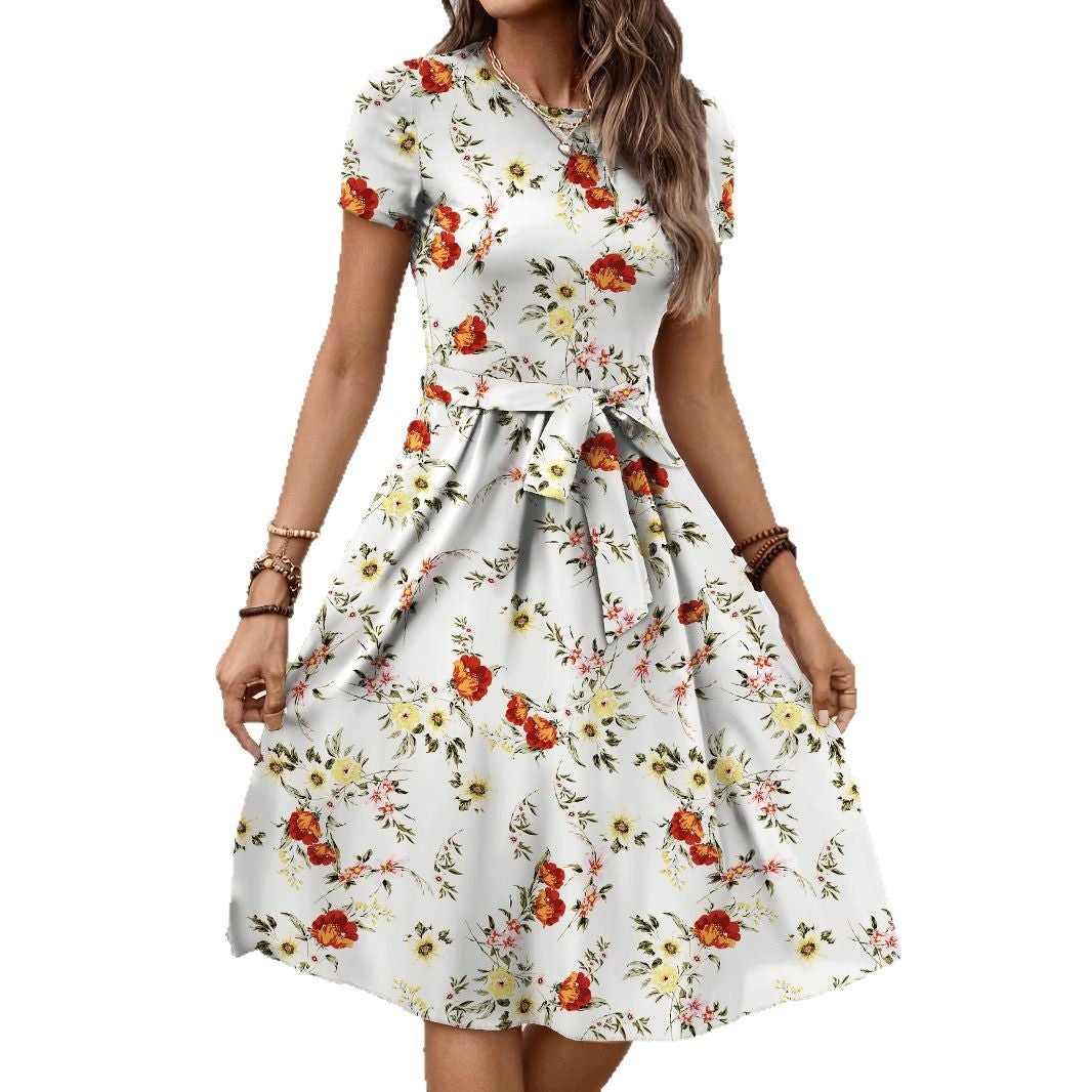 Ebay European And American Women's Cross-border Explosions Spring And Summer Round Neck Short-sleeved Waist Full Body Flower Printed Mid-length Dress