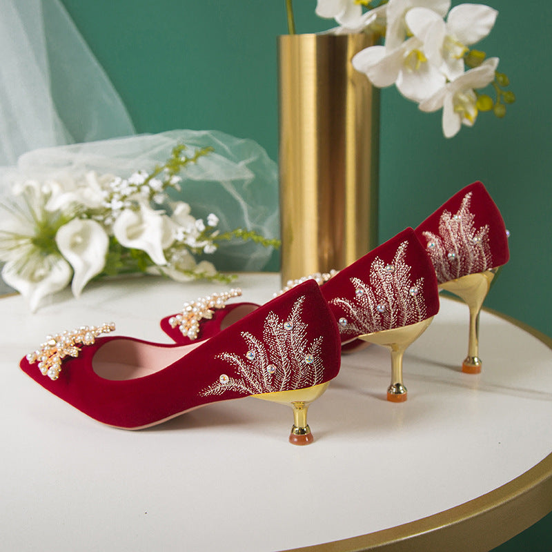 Red Wedding Shoes 2023 Spring/summer New Wedding Dress Xiuhe Two-way Bridal Shoes 3-8cm High-heeled Stiletto High-end