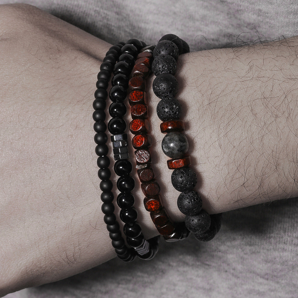 Volcanic Stone Black Frosted Black Gallstone Wooden Beads Bracelet Set Combination Hip-hop European And American Internet Red Style Elastic Bracelet Bracelet String