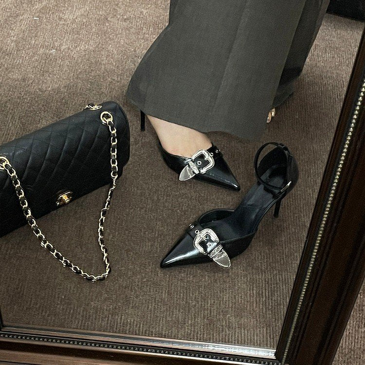 2024 Summer New Hollow Pointed Sandals Women's One Word Buckle Stiletto Heel High Heels Belt Buckle Women's Shoes Wholesale