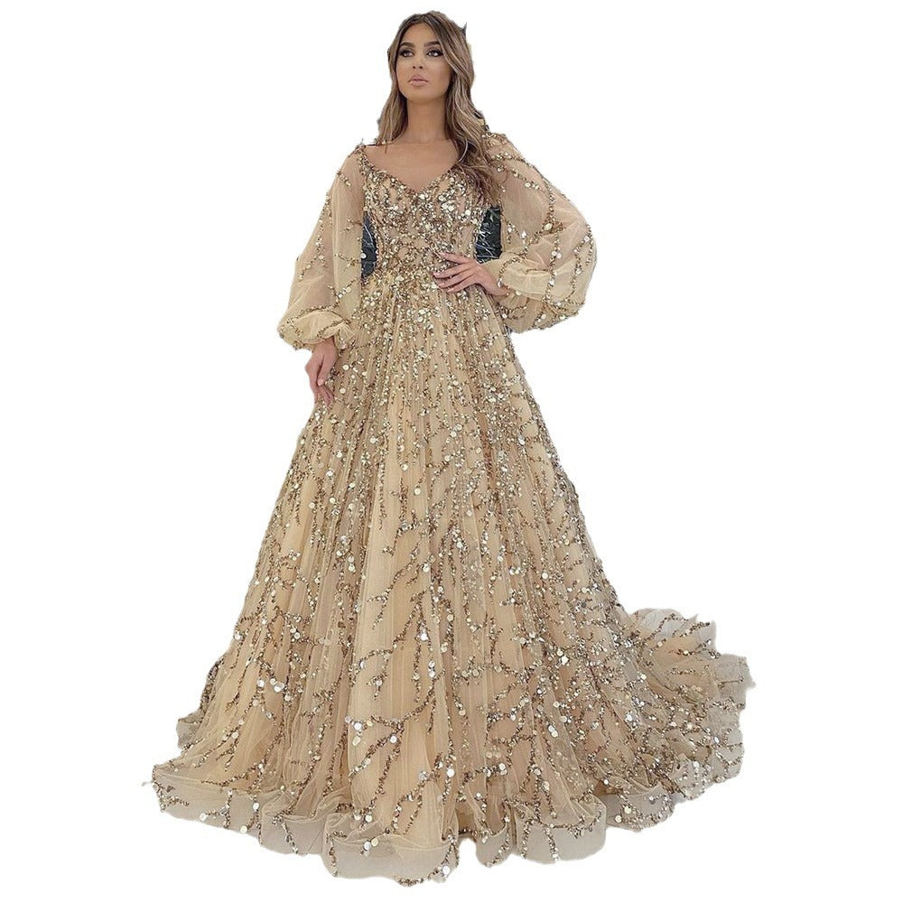 2024 Cross-border New Golden Heavy Industry Beaded Luxury Evening Dress Sexy Socialite Temperament Queen Dress DQ7109