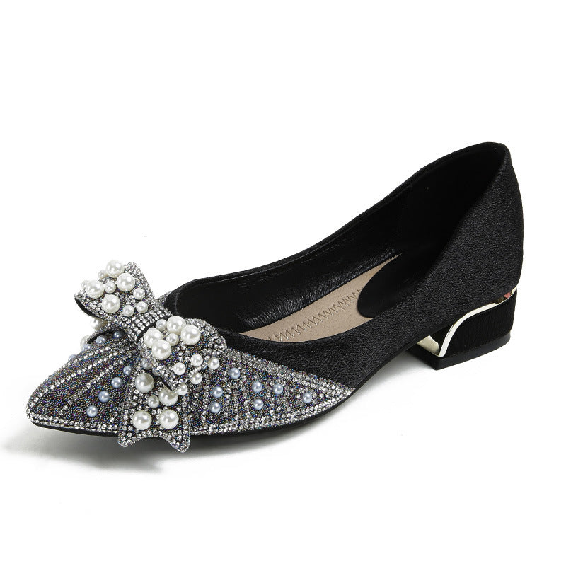 Pointed Shoes Women's 2022 New Thick Heel Shallow Mouth Rhinestone Pearl Bow Elegant Women's Shoes Four Seasons Soft Sole Comfortable