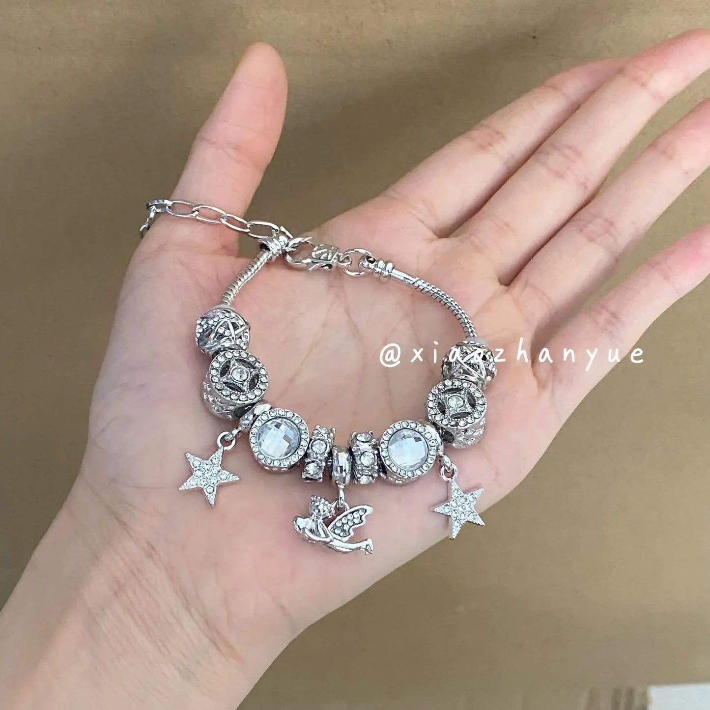 Ins Niche Light Luxury Vintage Panjia Style Bracelet Women's White Glazed Beads Five-pointed Star Angel Pendant Bracelet
