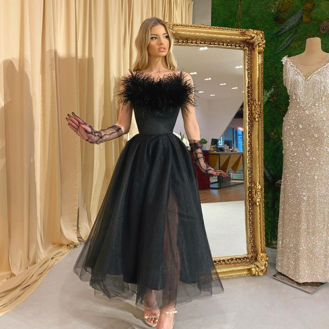 2022 Spring And Summer New European And American Foreign Trade Women's Clothing Amazon Independent Station Ebay Feather Strap Mesh Evening Dress
