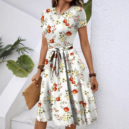 Ebay European And American Women's Cross-border Explosions Spring And Summer Round Neck Short-sleeved Waist Full Body Flower Printed Mid-length Dress