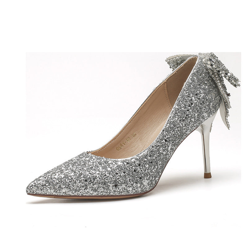 6681-18B French Crystal Bow High Heel Shoes Socialite Elegant Banquet Xiuhe Sequined Bride Bridesmaid Shoes
