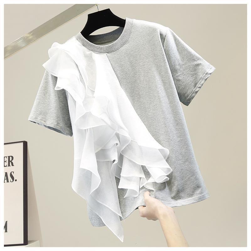 In Stock Fashion Large Ruffle Laminated Stitching Contrast Color Pullover Short Sleeve T-shirt 2023 Spring New Slim Top