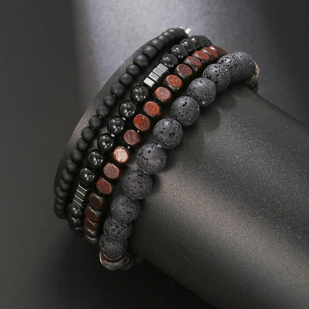 Volcanic Stone Black Frosted Black Gallstone Wooden Beads Bracelet Set Combination Hip-hop European And American Internet Red Style Elastic Bracelet Bracelet String