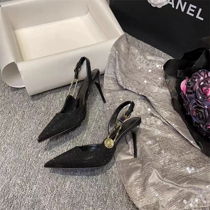 Black High Heels Women's 2024 Summer New Sexy Rhinestone Pointed One-character Buckle Belt Baotou Shallow Mouth Sandals Women