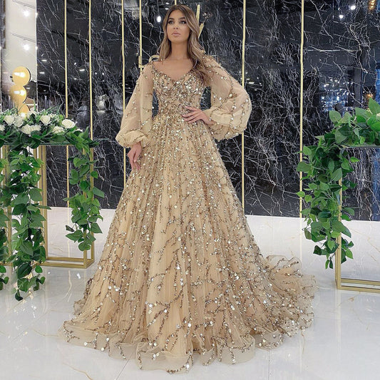 2024 Cross-border New Golden Heavy Industry Beaded Luxury Evening Dress Sexy Socialite Temperament Queen Dress DQ7109