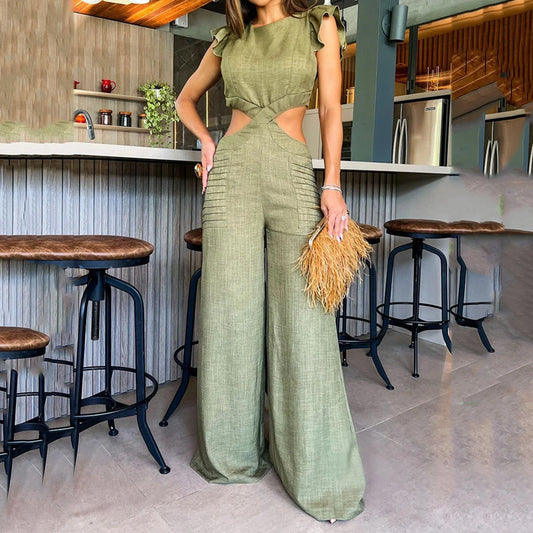 2024 Foreign Trade Cross-border Europe And America Amazon Summer New Round Neck Ruffled Loose Trousers
