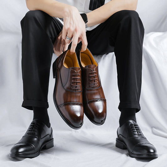 Men's Leather Shoes Pointed British Style Derby Shoes Casual Three-joint Business Formal Dress Bridegroom Wedding Shoes 8166-R