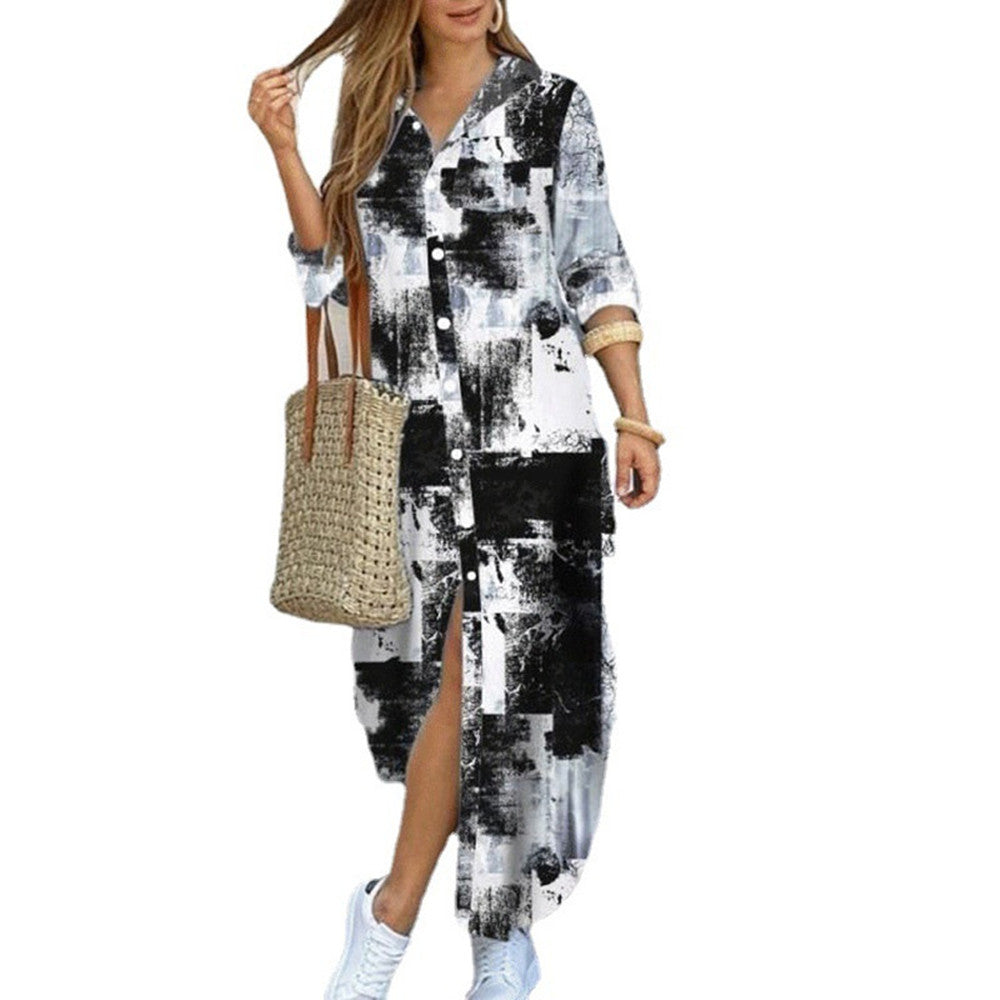 Cross-border Women's Clothing Amazon 2024 Europe And The United States Spring And Summer New Printed Long Sleeve Dress Fashion Sexy Shirt Skirt