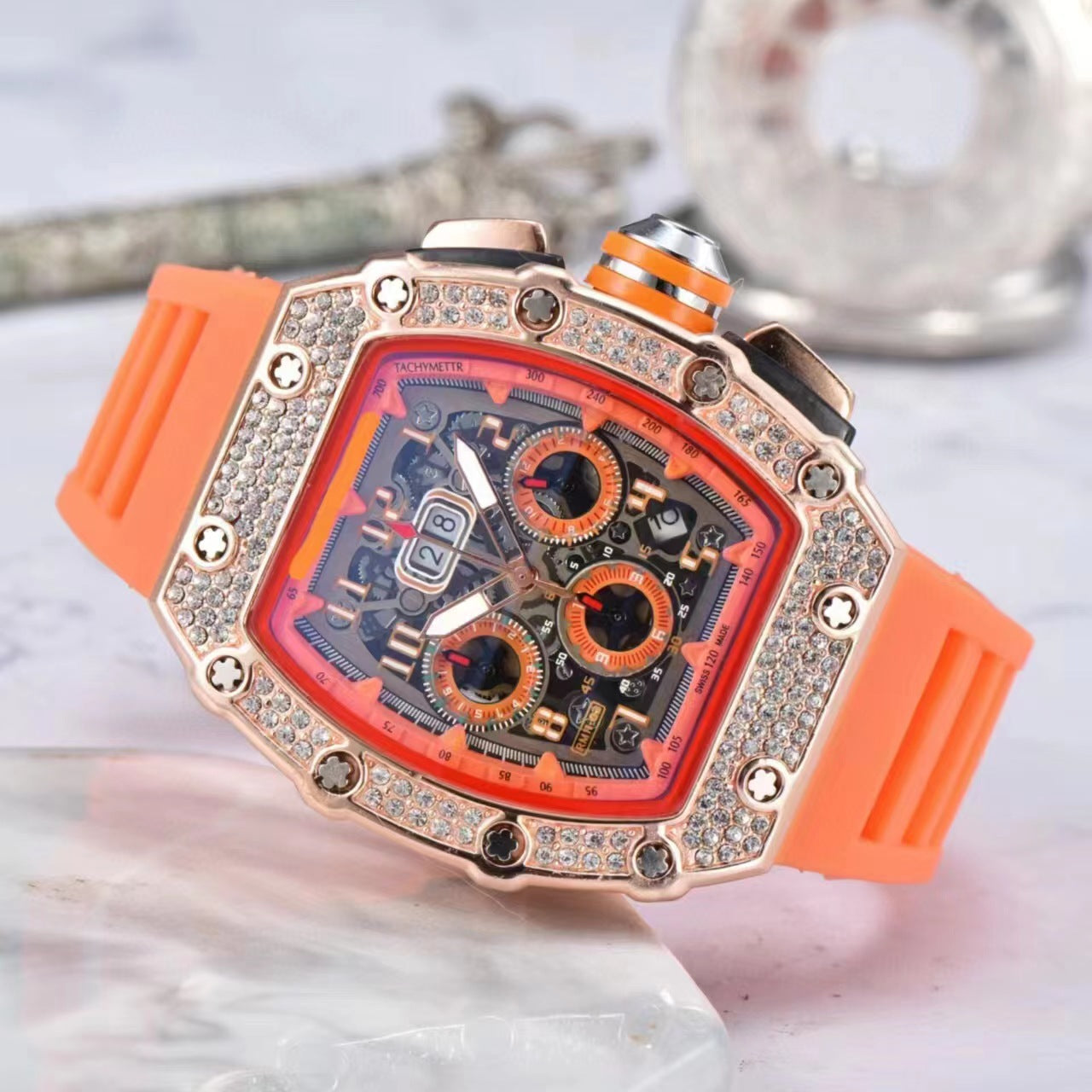 2020 New European And American Hollow Ghost Head Watch Diamond-encrusted Business Men's Watch Fashion Barrel-shaped Six-pin Quartz Watch