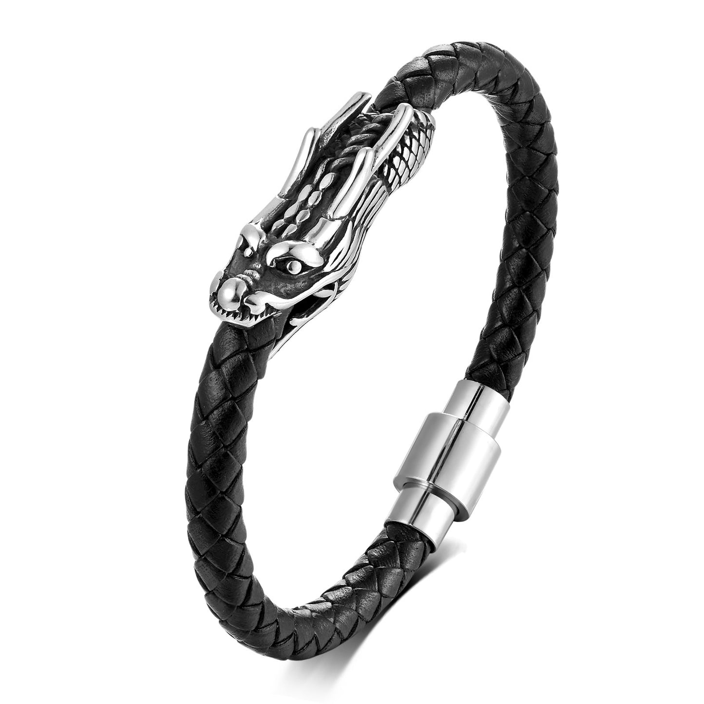 Factory Wholesale European And American Personality Zodiac Dragon Bite Tail Bracelet Leather Rope Woven Men's Stainless Steel Faucet Leather Bracelet