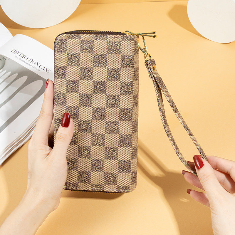 Wallet Women's 2025 New European And American Retro Fashionable Printed Checkerboard Large Capacity Clutch Bag Double Zipper Mobile Phone Bag