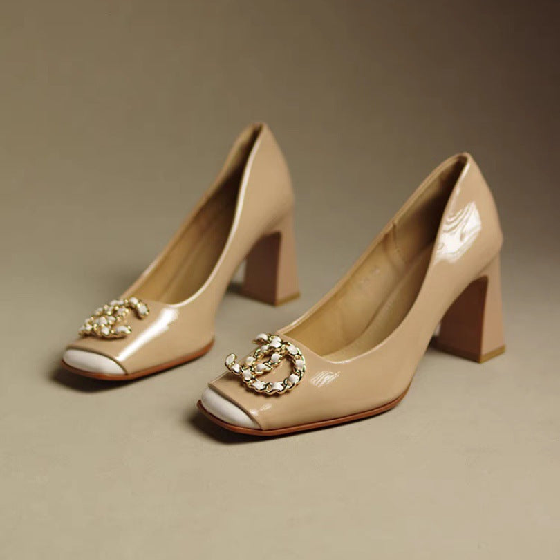 European And American Style Stitching Square Head High Heels Women's 2024 New Thick Heel Design Sense Fashion Temperament Not Tired Feet Single Shoes Women