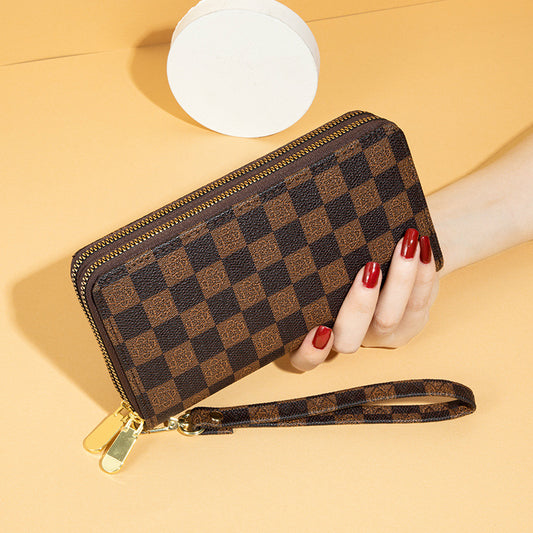 Wallet Women's 2025 New European And American Retro Fashionable Printed Checkerboard Large Capacity Clutch Bag Double Zipper Mobile Phone Bag