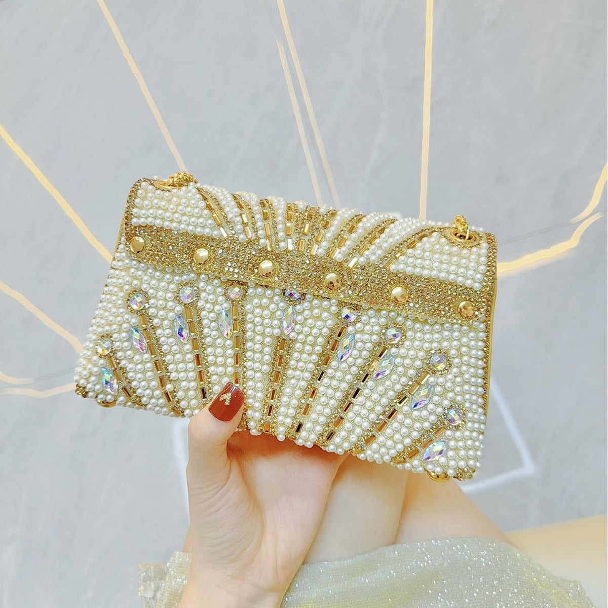 New Cross-border Foreign Trade Handmade Pearl Underarm Bag Banquet Rhinestone Small Square Bag Clutch Bag Shoulder Crossbody Evening Bag