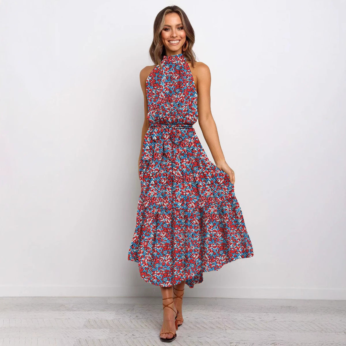 2025 Women's Dress New Hanging Neck Wave Printing Lace-up Dress