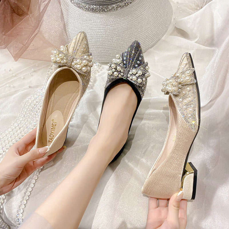 Pointed Shoes Women's 2022 New Thick Heel Shallow Mouth Rhinestone Pearl Bow Elegant Women's Shoes Four Seasons Soft Sole Comfortable