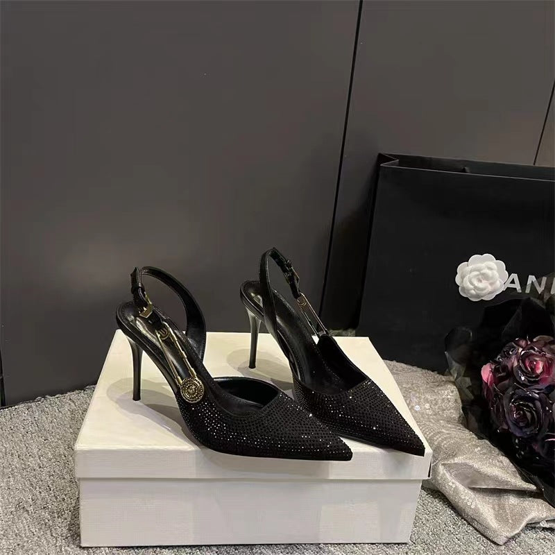 Black High Heels Women's 2024 Summer New Sexy Rhinestone Pointed One-character Buckle Belt Baotou Shallow Mouth Sandals Women