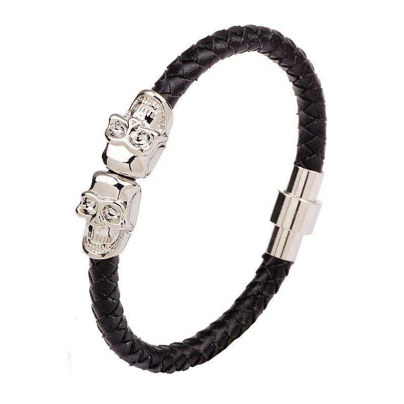 European And American Cross-border Jewelry Supply Woven Leather Bracelet Men's Skull Alloy Bracelet Fashion Jewelry Manufacturer