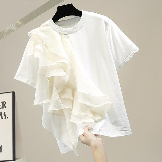 In Stock Fashion Large Ruffle Laminated Stitching Contrast Color Pullover Short Sleeve T-shirt 2023 Spring New Slim Top