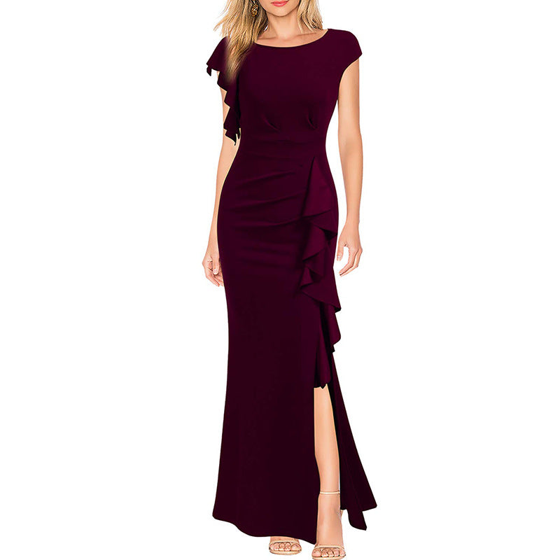 2023 Cross-border European And American High Waist Split Skirt Elegant Fashion Crew Neck Commuter Skirt Evening Dress Long Women's Skirt