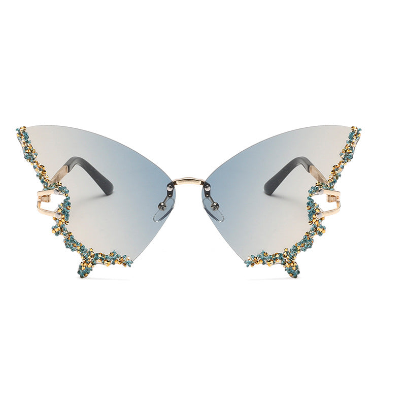 Cross-border New Butterfly Shape Diamond Rimless Sunglasses Women's Fashion Personality Exaggerated Sunglasses European And American Internet Red Broken Diamond