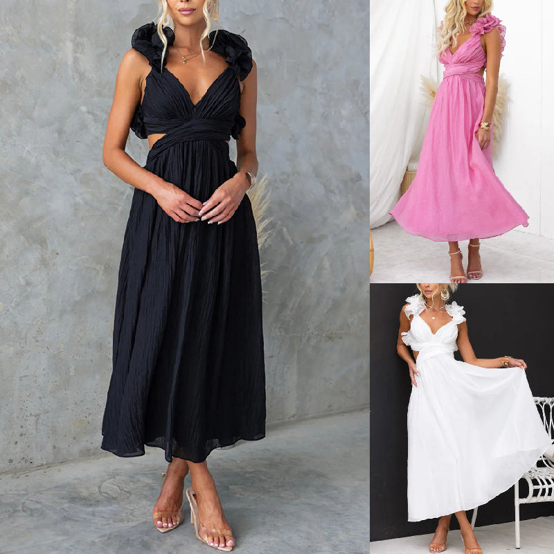 Cross-border Foreign Trade Independent Station 2024 New European And American Summer Sexy Sleeveless Solid Color Strap Pleated Skirt Dress Women