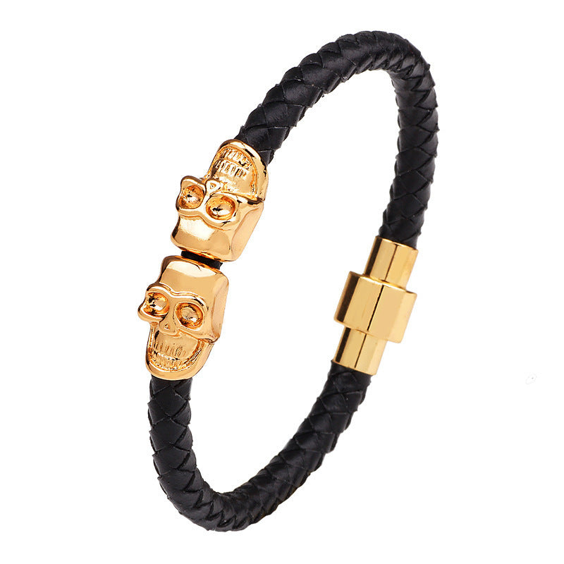 European And American Cross-border Jewelry Supply Woven Leather Bracelet Men's Skull Alloy Bracelet Fashion Jewelry Manufacturer