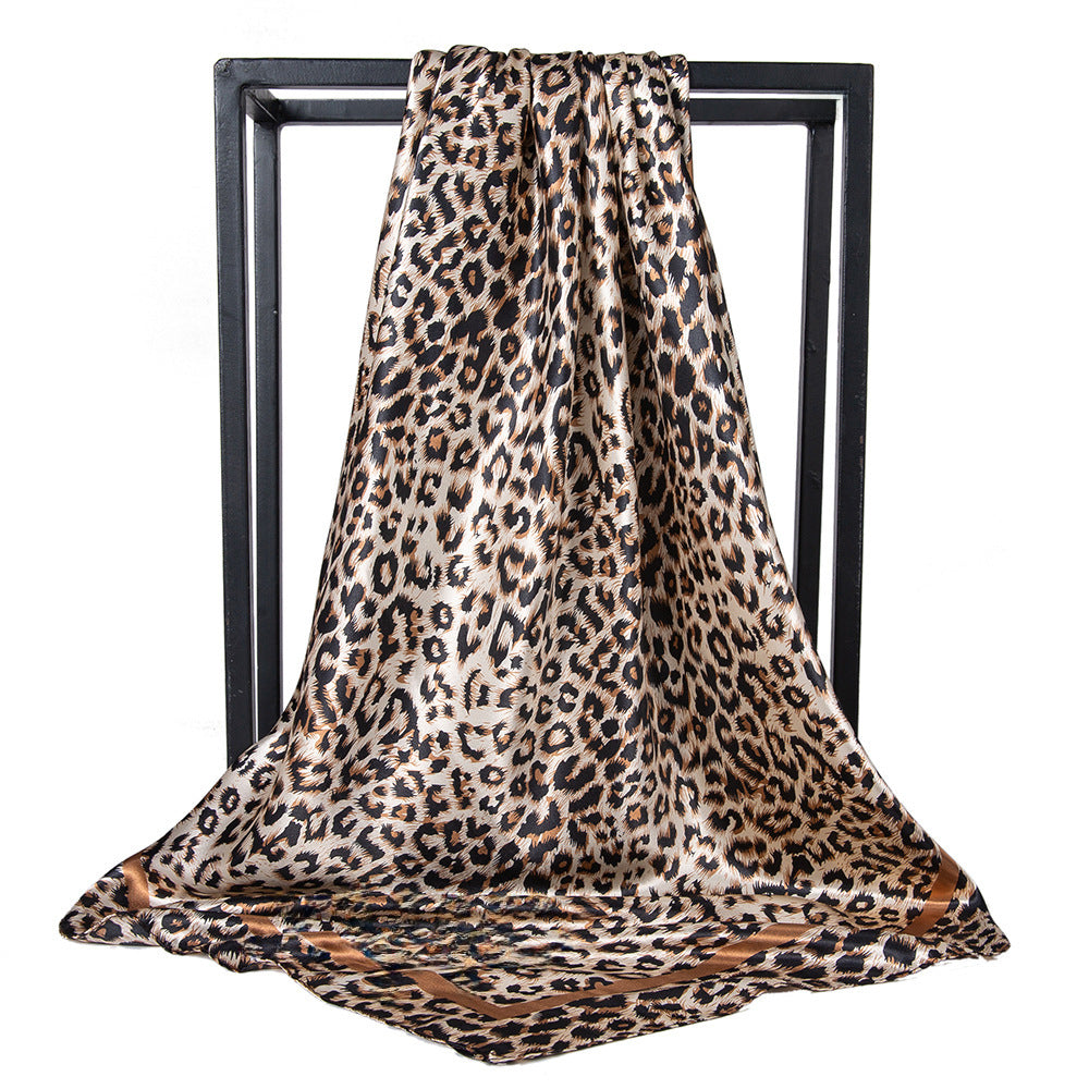 Leopard Print Silk Scarf 90*90cm Large Square Silk Scarf Imitation Silk Scarf Europe And The United States Amazon Leisure Turban