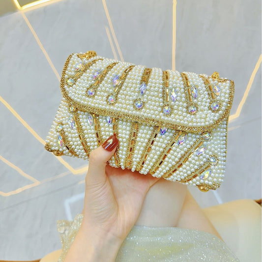 New Cross-border Foreign Trade Handmade Pearl Underarm Bag Banquet Rhinestone Small Square Bag Clutch Bag Shoulder Crossbody Evening Bag