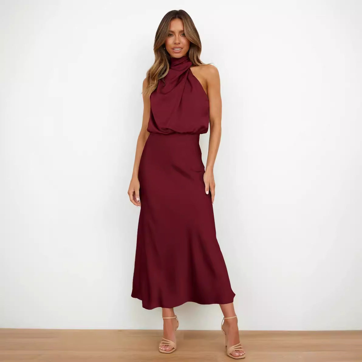 European And American 2024 Spring And Summer New Solid Color High-end Sense Satin Sleeveless Dress Fashion Elegant Elegant Light Evening Dress