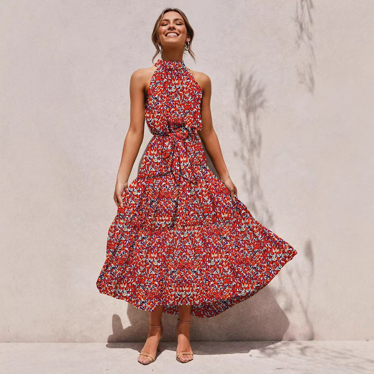 2025 Women's Dress New Hanging Neck Wave Printing Lace-up Dress