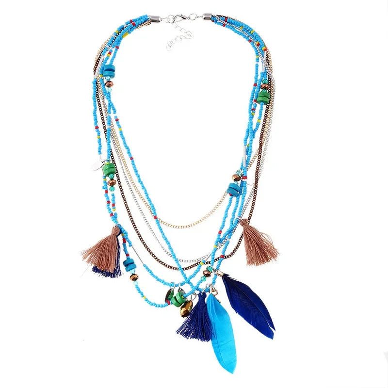 Bohemian Multi-layer Necklace Handmade Beaded Feather Small Tassel Sweater Chain Resin Rice Beads Travel Jewelry Wholesale