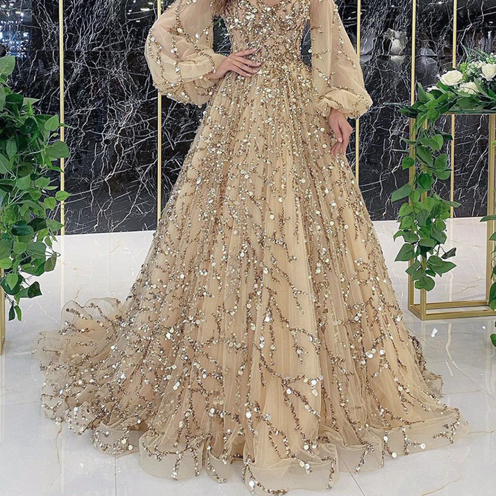 2024 Cross-border New Golden Heavy Industry Beaded Luxury Evening Dress Sexy Socialite Temperament Queen Dress DQ7109