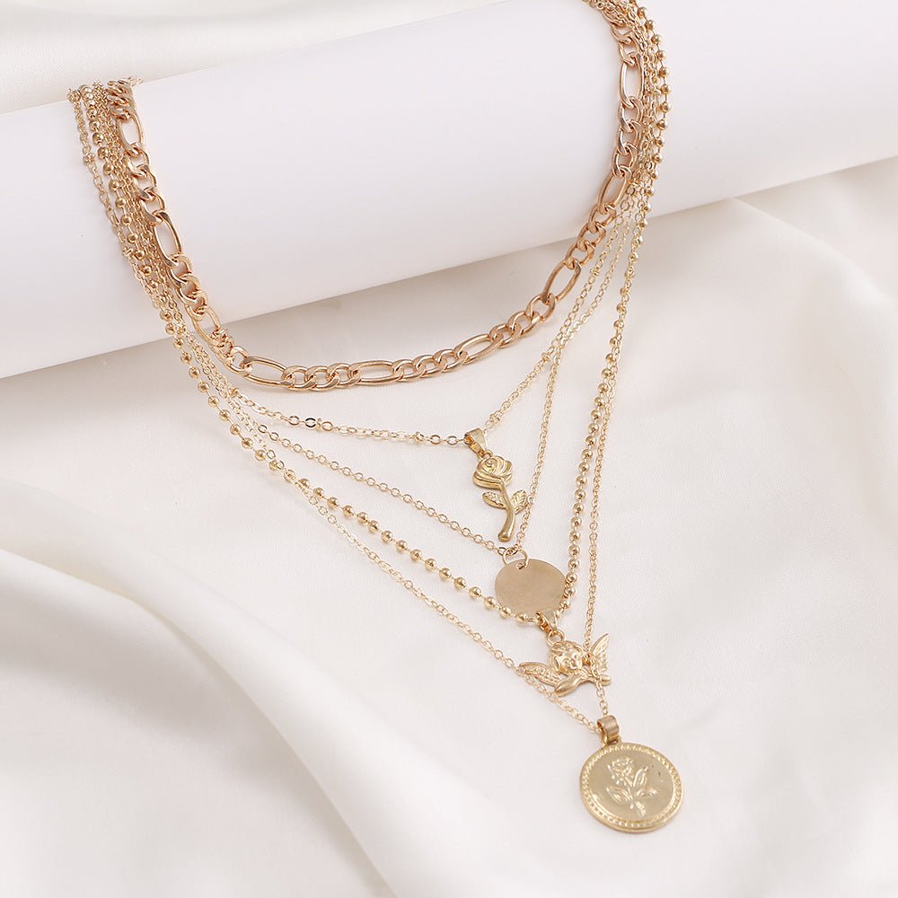 Mu Shang Punk Style New Multi-layer Necklace Women's European And American Cross-border Retro Rose Angel Multi-layer Pendant Collarbone Chain