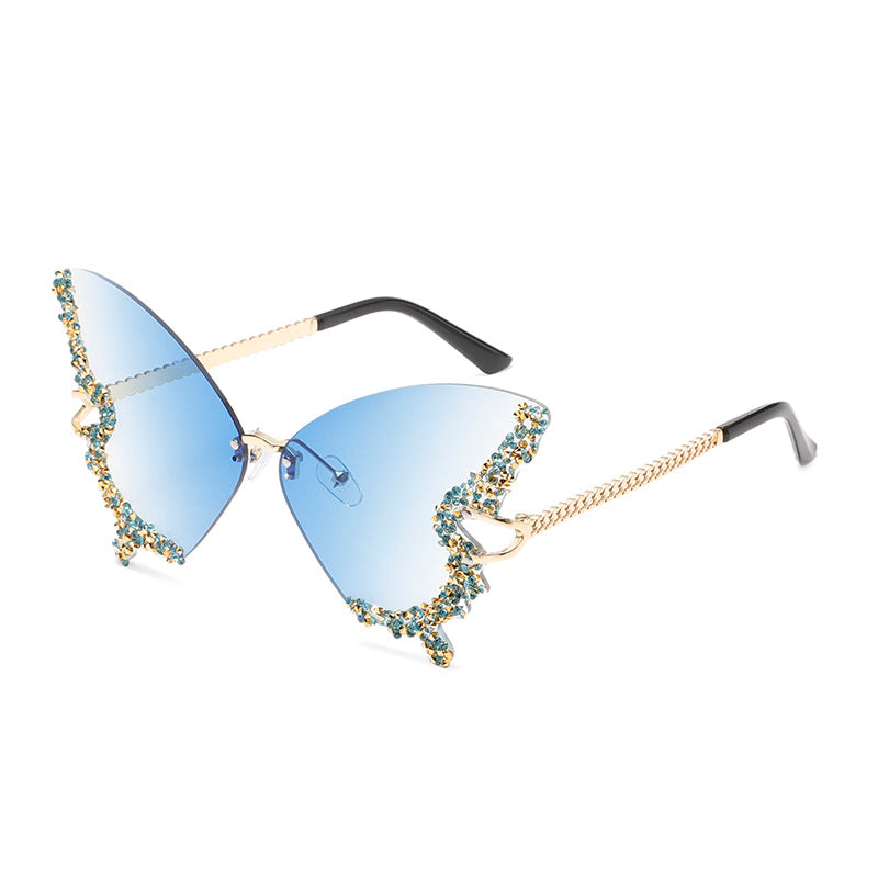 Cross-border New Butterfly Shape Diamond Rimless Sunglasses Women's Fashion Personality Exaggerated Sunglasses European And American Internet Red Broken Diamond