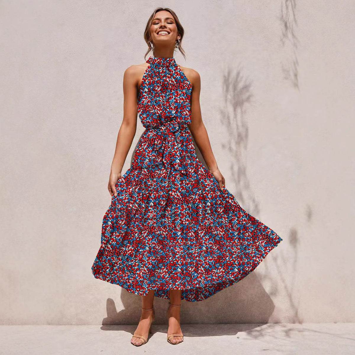 2025 Women's Dress New Hanging Neck Wave Printing Lace-up Dress