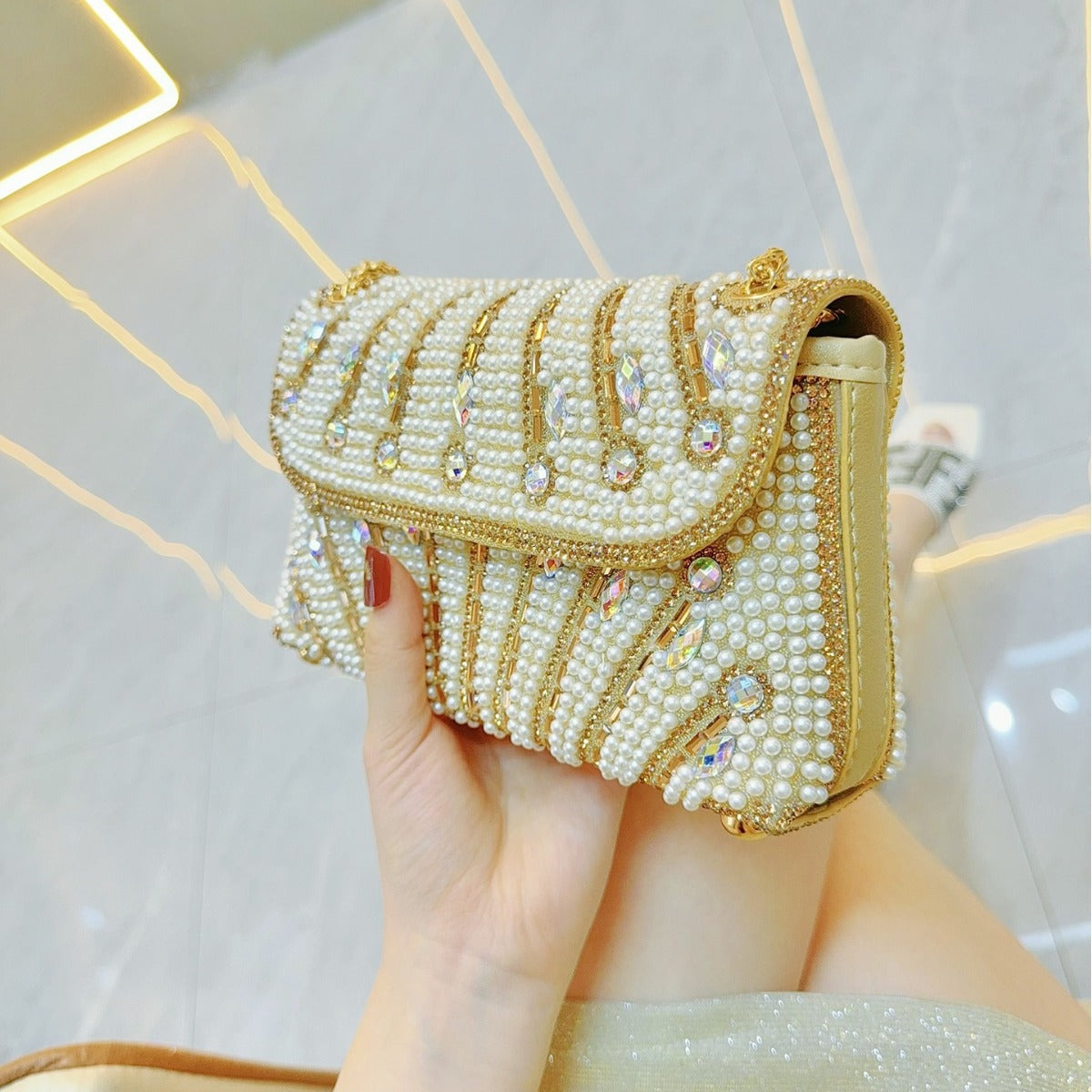 New Cross-border Foreign Trade Handmade Pearl Underarm Bag Banquet Rhinestone Small Square Bag Clutch Bag Shoulder Crossbody Evening Bag