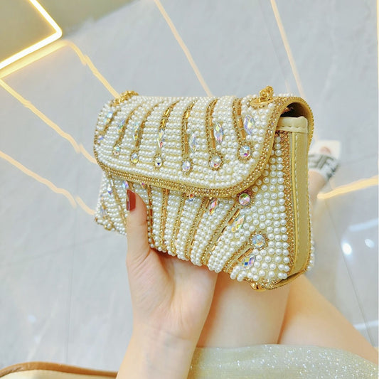 New Cross-border Foreign Trade Handmade Pearl Underarm Bag Banquet Rhinestone Small Square Bag Clutch Bag Shoulder Crossbody Evening Bag