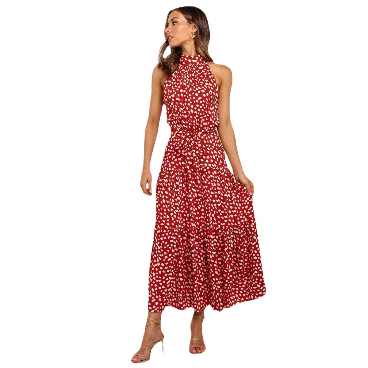 2025 Women's Dress New Hanging Neck Wave Printing Lace-up Dress